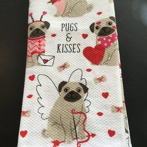 NEW. Kitchen Towel set (2). Pugs & Kisses Valentine's Day motif. Two towels.